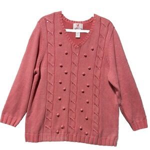 Quacker Factory Sweater Women's 1X Pink Coral Silver Metallic Poms Festive Fun